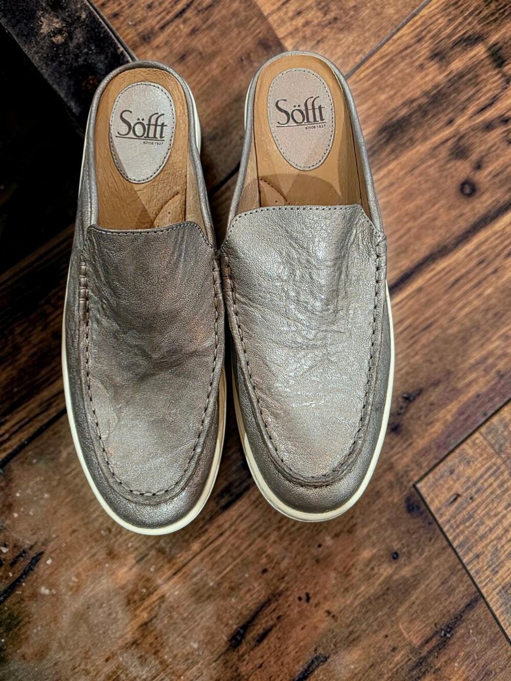 Sofft Womens Metallic Pewter Leather Mule Loafers Slip On Comfort Casual Shoes